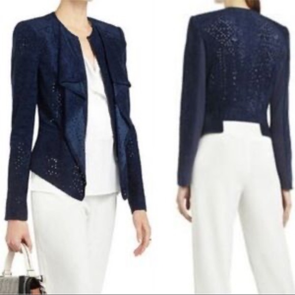 BCBGMaxAzria Dark Blue Perforated Ruffle Faux Suede Jacket Women’s Size XS - Picture 1 of 8
